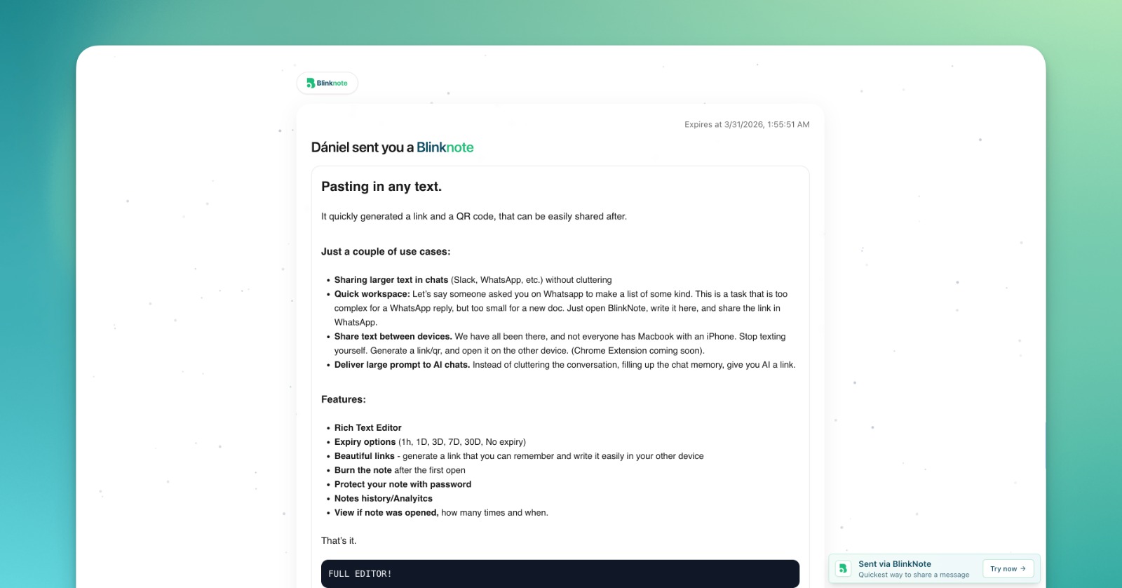 Blinknote | Secure text sharing with links and QR