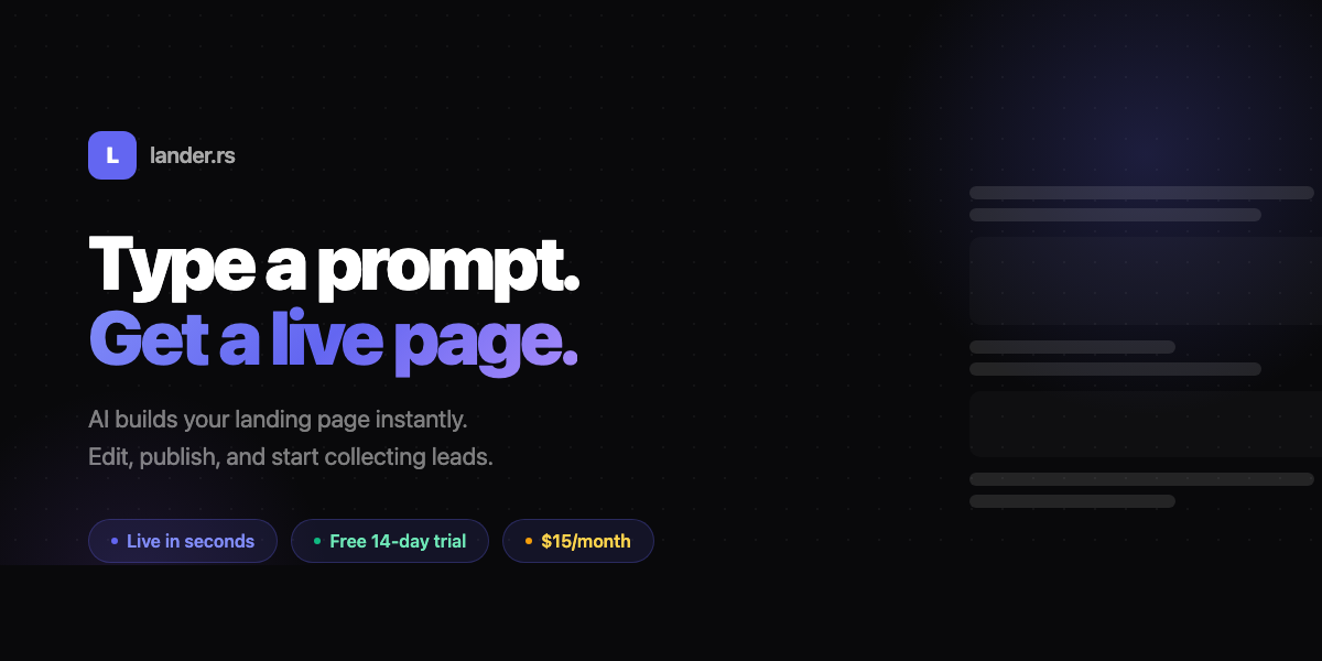 AI Landing Page Builder - Live in A Minute | lander.rs