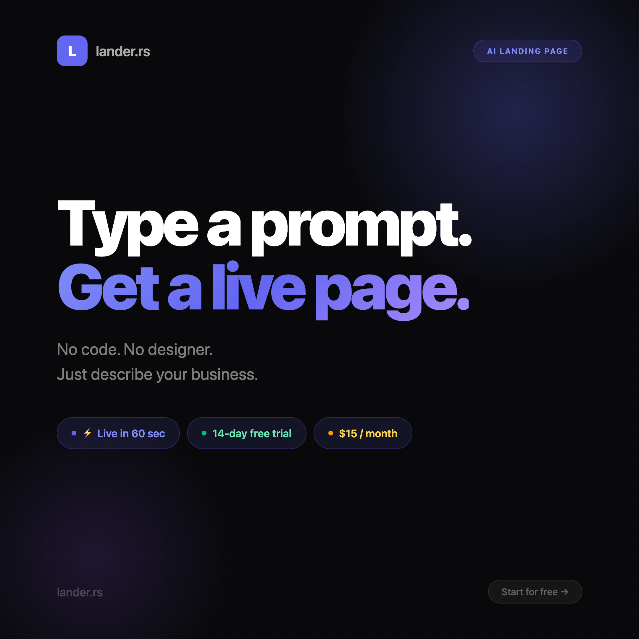 AI Landing Page Builder - Live in A Minute | lander.rs