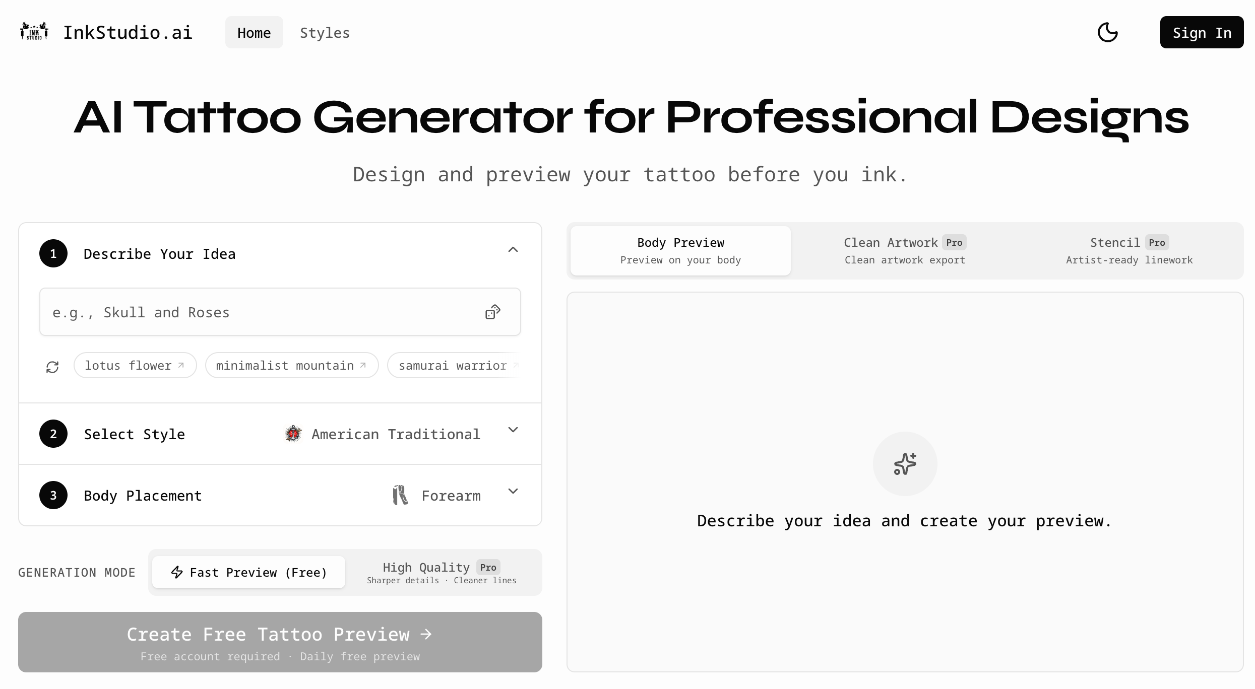 AI Tattoo Generator – Preview & Design Online | InkStudio.ai