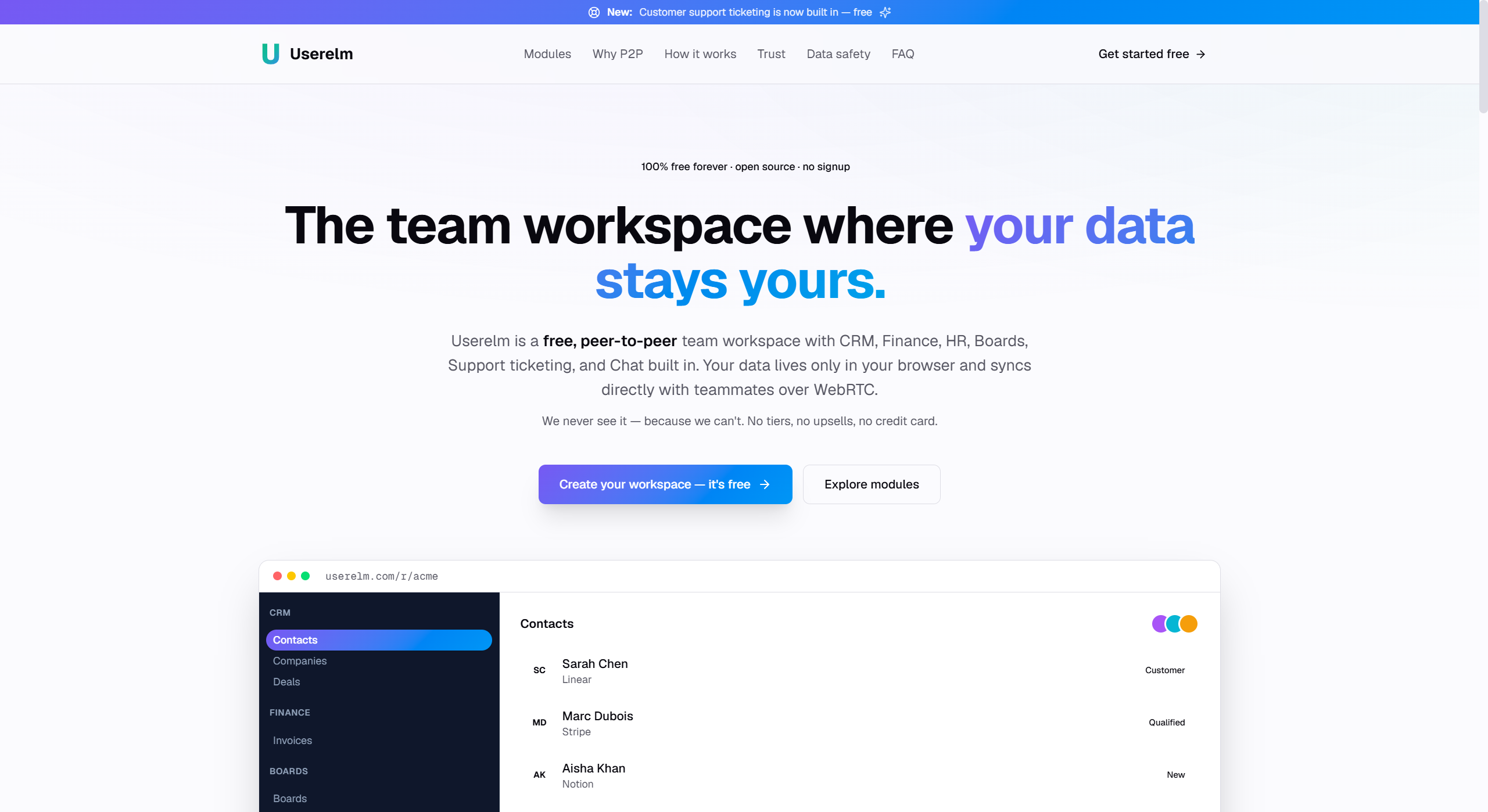 Userelm — free peer-to-peer team workspace