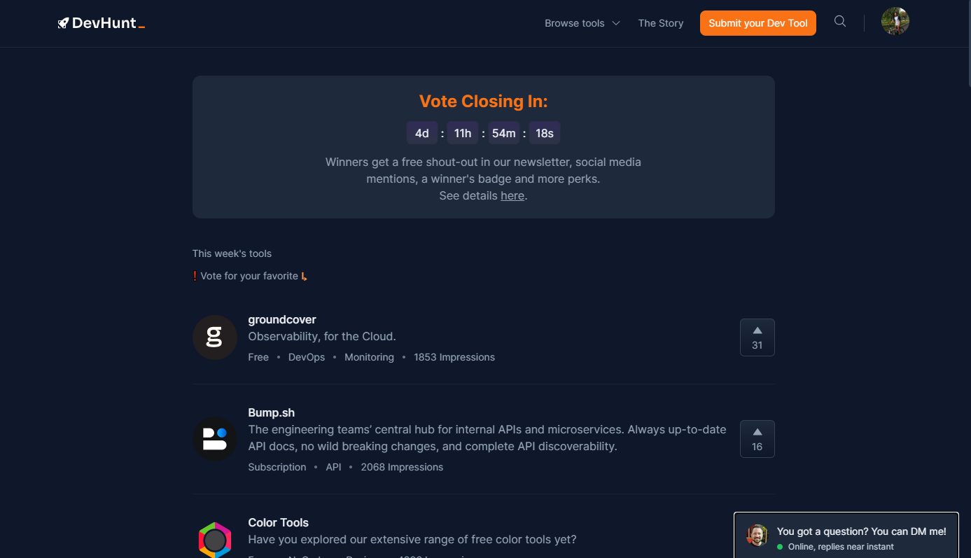 Dev Hunt – The best new Dev Tools every day.